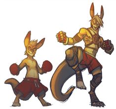 two cartoon animals with boxing gloves on their feet and one is holding a punching glove