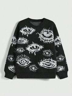 Eye Pattern Drop Shoulder Sweater Black Casual  Long Sleeve Knitwear Figure Pullovers Slight Stretch  Women Clothing, size features are:Bust: ,Length: ,Sleeve Length: Dream Clothes Grunge, Eyes Clothes, Eyes On Clothes, Clothes Turtleneck, Shein Grunge Clothes, Sweater Grunge, Eye Clothing, Starflesh Clothes, Alt Sweater