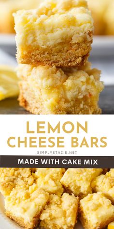 lemon cheese bars stacked on top of each other with the words made with cake mix