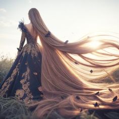 Long Hair Cartoon, Disney Faries, Long Hair Princess, Long Hair Drawing, Sunset Glow, Tangled Rapunzel