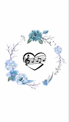 a heart with music notes and flowers in the middle is surrounded by blue flowers, leaves and branches