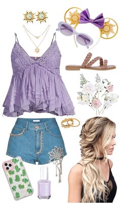 Repunzal Outfits, Casual Rapunzel Outfit, Disney Outfits Princess Casual, Disney Rapunzel Outfits, Rapunzel Disneyland Outfit, Disney Bounding Tangled, Repunzal Tangled Inspired Outfit, Rapunzel Themed Outfit, Disney Inspired Outfits Summer