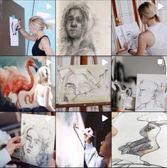 a collage of photos with people working on drawings and drawing flamingos in the background