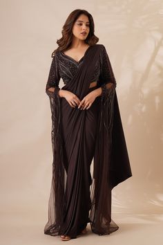 Brown Saree, Farewell Sarees, Draped Saree, Bat Sleeves, Bead Embellishment, Salwar Designs, Lehenga Wedding