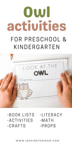 owl activities for preschool and kindergartaten with text overlaying the image