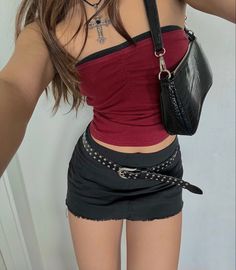 Fake Couple, Red Top Outfit, Black Mini Skirt Outfit, Red Tube Top, The Black Phone, Tube Top Outfits, Tube Top And Skirt, Black Tube Top, Miniskirt Outfits