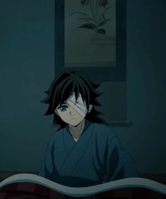 an anime character sitting on a bed in the dark with his eyes closed and one eye partially open