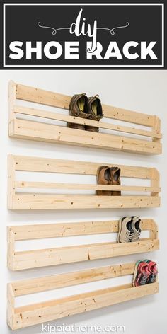 wooden wall mounted shoe rack with with shoes Diy Wooden Shoe Rack, Rak Sepatu Diy, Shoe Rack Diy, Shoe Rack Wall, Wooden Shoe Rack, Diy Shoe Storage, Wooden Shoe Racks