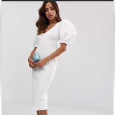 Brand New White Knee-length Puff Sleeve Dress For Evening, White Knee-length Puff Sleeve Evening Dress, White Midi Length Puff Sleeve Dress Formal, White Knee-length Puff Sleeve Formal Dress, Formal White Knee-length Puff Sleeve Dress, Navy Wrap Dress, Plunge Mini Dress, Midi Dress Plus Size, Twisted Dress