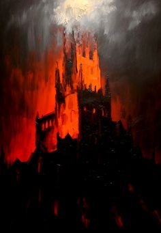 a painting of a castle in the sky with red and black paint on it's walls