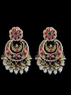 earrings Long and carries weight , comes with pair of ear supports Lengte is 3.8 inches and carries weight Made using pachi kundan , navratan or multicolor , shell pearls used 22ct gold plated Kundan Chandbali, Earrings With Pearls, Silver Jewelry Earrings, Kundan Earrings, Silver Jewelry Pendant, Jewelry Design Necklace, Earrings Long, Gold Plated Earrings, Indian Jewellery