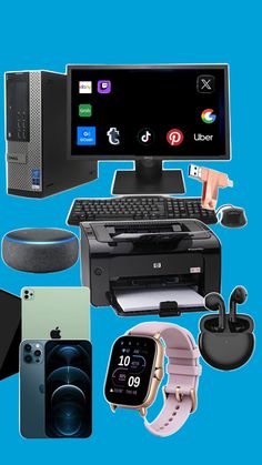 an assortment of electronics and gadgets displayed on a blue background