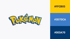 the pokemon logo is shown in blue, yellow and white colors with different font styles