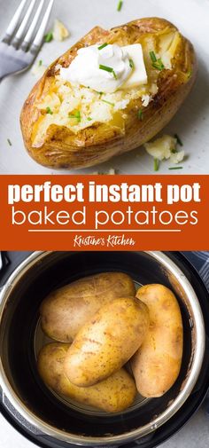 baked potatoes in an instant pot with text overlay that reads easy instant pot baked potatoes