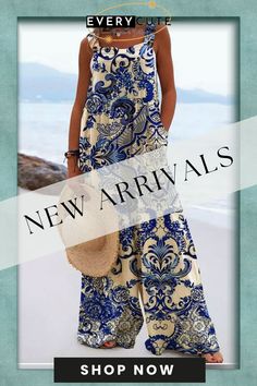 Summer Vintage Print Trousers Jumpsuit Women Casual Sling Sleeveless O Neck Wide Leg Playsuits Fashion High Street Loose Romper Bohemian Non-stretch Jumpsuits And Rompers For Vacation, Bohemian Non-stretch Jumpsuits And Rompers For Beach, Non-stretch Sleeveless Bohemian Jumpsuit, Bohemian Sleeveless Non-stretch Jumpsuit, Loose Romper, Cotton Decorations, Romper Pattern, Jumpsuits And Romper, Printed Trousers