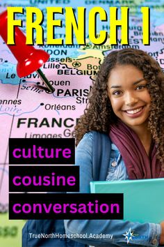 a young woman sitting in front of a map with the words french culture cuisine conversation