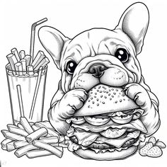 a bulldog eating a big hamburger next to french fries