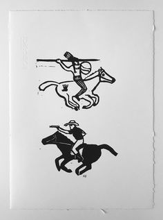 two black and white drawings of men on horses, one with a spear in his hand