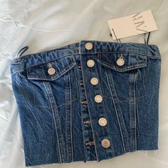 Zara Denim Corset Top Xs Nwt Zara Dark Wash Denim Top For Spring, Fitted Zara Denim Jacket Casual, Zara Denim Top, Zara Fitted Denim Jacket Casual, Zara Medium Wash Denim Top With Pockets, Trendy Zara Dark Wash Denim Top, Zara Fitted Denim Jacket, Zara Blue Denim Top, Zara Medium Wash Denim Jacket