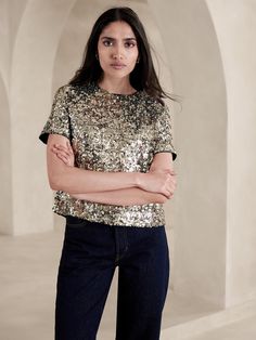 Alina Sequin Top | Banana Republic Luxury Evening Blouse With Sequins, Luxury Glamorous Blouse Piece With Sequins, Luxury Glamorous Sequined Blouse Piece, Cheap Cotton Sequined T-shirt, Cheap Formal Sequin Tops, Cheap Sequined Blouse For Party, Cheap Sequin Tops For Women, Affordable Cotton Sequin Tops, Luxury Women's Tops With Contrast Sequin