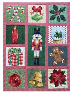 a quilted wall hanging with christmas decorations and nutcrackers on the front