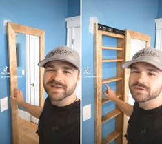 two pictures of a man with a baseball cap pointing to an open ladder in front of him