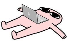 a pink cat laying on its back with a laptop in it's lap top