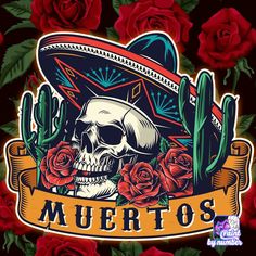 a skull wearing a sombrero surrounded by roses and cacti on a black background