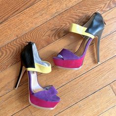 Brand New Color Block Heels 5.5” Heel/1.25” Platform Faux Leather & Suede Size 6.5, Run True To Size Bold Yellow High Heel Shoes, Bold Yellow High Heels, Bold Yellow Heels For Party, Yellow Bold Ankle Strap Heels, Bold Yellow Open Toe Heels, Multi Colored Heels, Color Block Heels, Color Purple, Shoes Women Heels