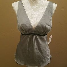 Nwt Silver Chiffon Tank With Black Chiffon Under Lay And Black Velvet Tie Elegant Sleeveless Gray Tops, Gray Fitted Party Blouse, Gray Fitted Blouse For Party, Chic Gray Evening Tops, Gray Tops For Spring Evening, Gray Tops For Evening In Spring, Elegant Gray Summer Blouse, Chic Silver Summer Blouse, Chic Silver Blouse For Summer