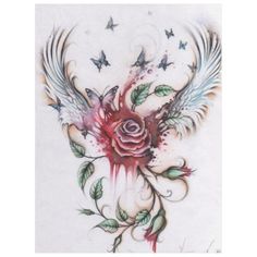 an artistic tattoo design with roses and butterflies on the back of its wings, which are painted red