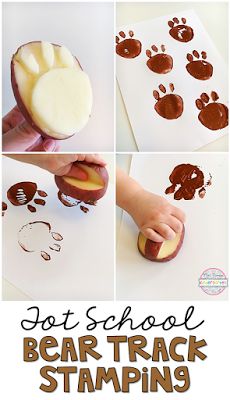 the instructions for how to make bear track stamps with apples and paw prints on them