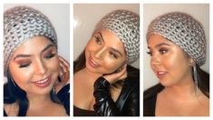 three pictures of a woman wearing a knitted hat