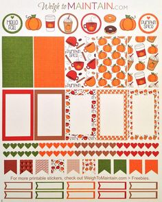 an orange and green planner sticker sheet with pumpkins, apples, and other items