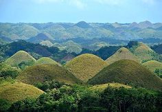 many mounds of dirt in the middle of trees and hills behind them are blue sky with clouds