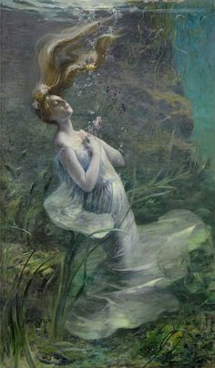 a painting of a woman in the water with her hair blowing back and eyes closed