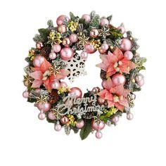 a christmas wreath with pink and green ornaments on it's side, saying merry christmas