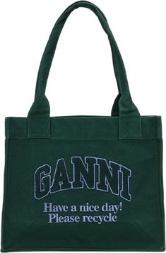 Ganni large easy shopper    - signature logo embroidery stands out on a spacious shopper bag perfect for storing your daily essentials while on the go.  - open top  - shoulder straps  - flat base for stability  - lined Forest Night, Perfect White Tee, Womens Designer Bags, Easy Tiger, Four Horsemen, Women Lifestyle, Daily Essentials, Shopper Bag, Logo Embroidery