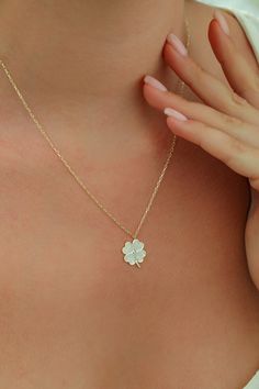 Gold Diamond Four Leaf Clover Shamrock Necklace, Delicate Lucky Flower Charm Necklace, Clover Nature Jewelry Our gold diamond necklaces are perfect choice for a Christmas, Mother's Day, valentine's day, birthday, wedding, anniversary, graduation, engagement, bridesmaid, and best friends gift. It's a good way to show appreciation to your mom, girlfriend, wife, grandmother, grandchildren, daughter, sister, best friend, boss or a co-worker. Also, a special treat just for yourself.   FEATURES * Soli Fine Jewelry With White Flower Charm, White Fine Jewelry With Flower Charm, White Fine Jewelry Necklaces With Flower Charm, White Flower Charm Necklace Fine Jewelry, Dainty White Flower Pendant Necklace, Fine Jewelry White Flower Necklace, White Dainty Flower Pendant Necklace, White Flower Shaped Fine Jewelry Necklace, White Flower Fine Jewelry Necklace