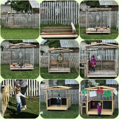 a collage of photos showing children playing outside in their wooden play house and yard