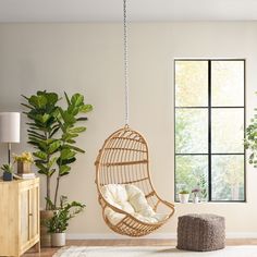 a living room with a hanging chair, potted plants and a rug on the floor