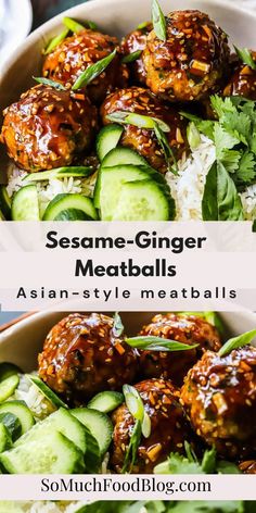 Sesame-ginger meatballs made with a mix of pork and chicken are so tender and perfect for any weeknight dinner. 25 Minute Ginger Steak Cucumber Bowls, Hoisin-serrano Meatballs & Rice Noodle Salad, Ginger Chicken Meatballs Pinch Of Yum, Asian Pork Bites, Sesame Ginger Meatballs, Asian Pork Meatballs Easy Recipes, Ginger Pork Meatballs, Ground Pork And Chicken Recipes, Pickled Ginger Uses