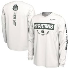 Gear up for the 100th season of Michigan State football at Spartan Stadium with this 2023 Fan Long Sleeve T-Shirt from Nike. This comfortable cotton shirt will keep you feeling great all day long. With exciting Michigan State Spartans graphics, you'll be ready to cheer on the team at home and on the road. Officially licensed Crew neck Long sleeve Machine wash, tumble dry low Imported Screen print graphics Brand: Nike Material: 100% Cotton Moisture-wicking Crew Neck Top For Fans, Nike Long Sleeve Fan Gear Top, Moisture-wicking Crew Neck Fan Apparel Top, Nike Long Sleeve Tops Team Spirit, Nike Long Sleeve Tops With Team Spirit, Nike Long Sleeve Tops For Team Spirit, Nike Crew Neck Tops For Sports Season, Nike Fan Apparel Tops For Sports Events, Nike Crew Neck Tops For College