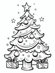 a christmas tree with presents under it and stars on the top, in black and white