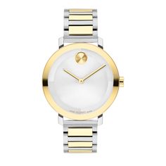 The Movado Bold Evolution ladies' dress watch is a true testament to both modern innovation and timeless design. With its stylish silver- and gold-tone ion-plated stainless steel bracelet, 34MM case and elegant silver dial, this timepiece exudes sophistication and classic style. In addition, reliable Swiss quartz movement assures precise and accurate timekeeping, while a K1 crystal offers superior scratch resistance. And with 50-meter water resistance, this timepiece can withstand splashes and b Modern Gold Jewelry And Watches, Modern Anniversary Watches With Metal Dial, Modern White Gold Jewelry With Diamond Hour Markers, Modern Quartz Watches For Anniversary, Modern Yellow Gold Jewelry And Watches With Polished Finish, Modern Gold Watch For Work, Modern Gold Watches For Work, Modern Polished Jewelry And Watches, Modern Round Jewelry And Watches With Polished Finish