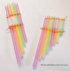 there are many different colored straws on the white table with text overlay that says, pan pipe kids'craft