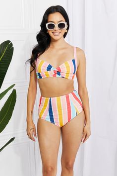 Marina West Swim Take A Dip Twist High-Rise Bikini in Stripe | mygoodyshop.com – My Goody Shop Twist Front Top, Fashion District, Tropical Floral Print, High Waist Bottoms, Sporty Look, Twist Front, Basic Style, Creative Fashion, Online Retail