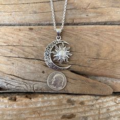 "Beautiful Moon and sun necklace, the eclipse necklace, the sun in back of a crescent moon...1 9/16\" tall with bail by 1 1/16\" wide at the widest (diameter), cast and antiqued in sterling silver 925....the chain is 20\" long also in sterling silver 925 with a lobster catch...great looking necklace" Moon And Sun Necklace, Eclipse Necklace, Turquoise Heart Necklace, Moon Gazing, Moon Necklace Silver, Stamped Earrings, Sun Necklace, Moon And Sun, The Eclipse