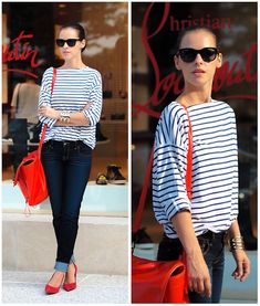 Lucky Brand Jeans, 3.1 Phillip Lim Bag Red Shoes Outfit, Stripy Tops, Phillip Lim Bag, Parisienne Style, Lucky Jeans, Red Flats, Moda Paris, Mommy Style, Street Style Chic