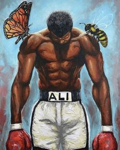 a painting of a man wearing boxing gloves with a butterfly on his chest and back